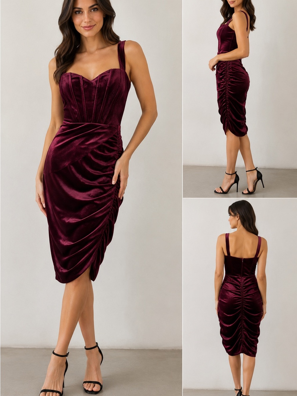 NWT Le Château Wine Velvet Ruched Cocktail Dress L Burgundy Corset